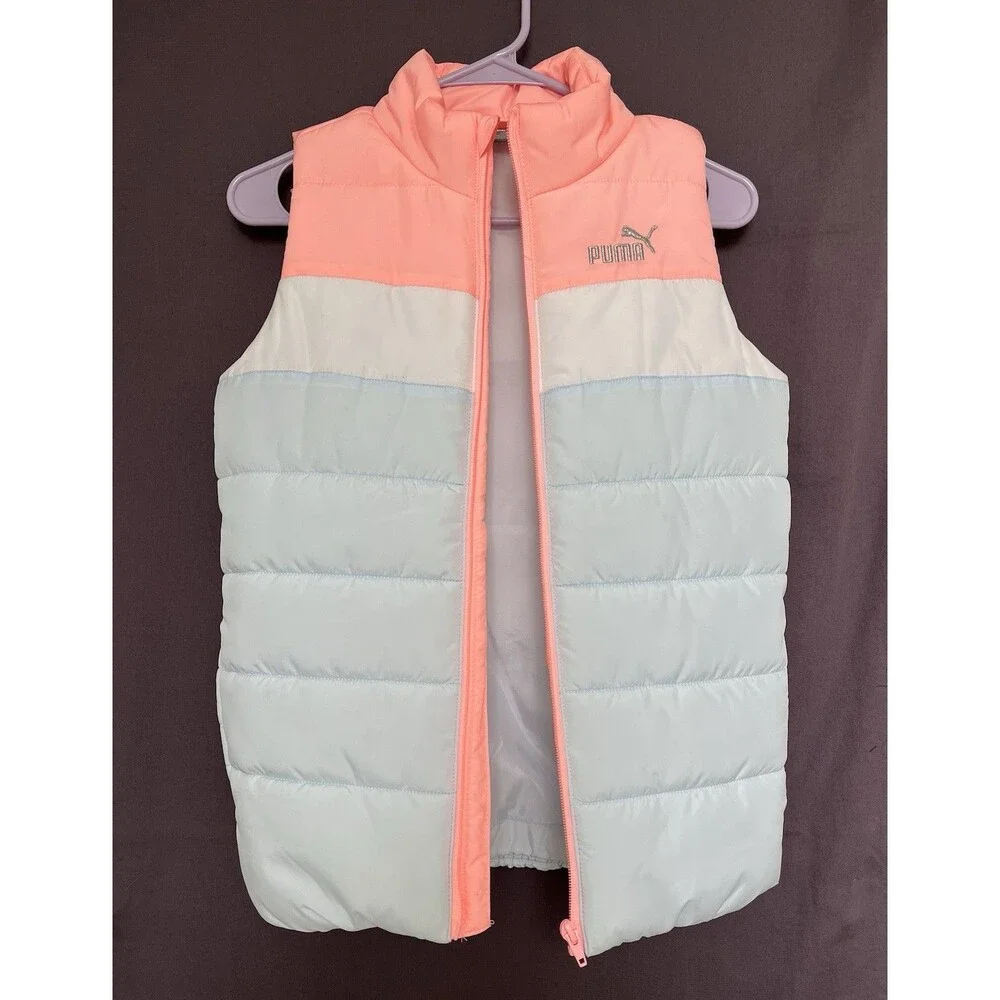 PUMA Kids Colorblock Puffer Vest, Size M (10/12), Pink/White/Blue — NWOT